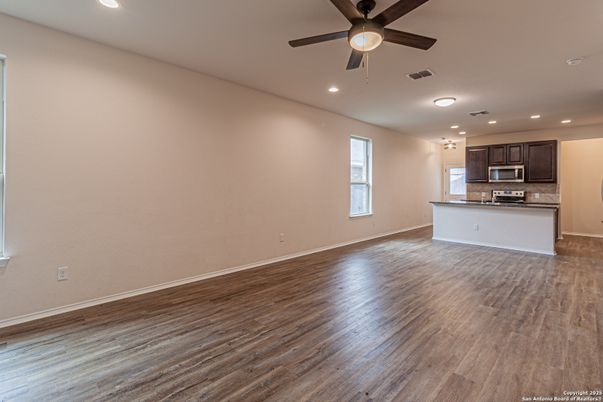 Empty room, Interior, Kitchen, Recessed Lighting, Wood Texture Flooring