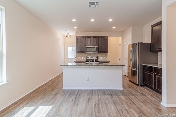 Interior, Kitchen, Recessed Lighting, Wood Texture Flooring