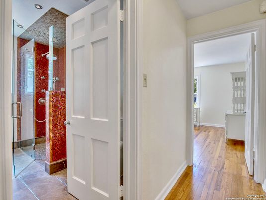 Bathroom, Glass Shower, Interior, Recessed Lighting, Wood Texture Flooring