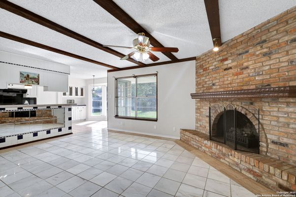 Fireplace, Interior, Kitchen, Pendant Lights, Stone Walls, Wooden Beams