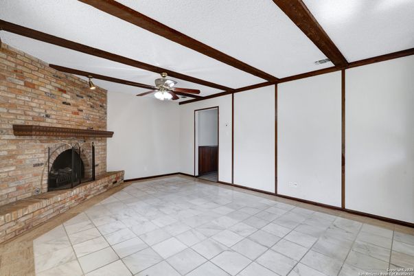 Empty room, Fireplace, Interior, Marble, Stone Walls, Wooden Beams