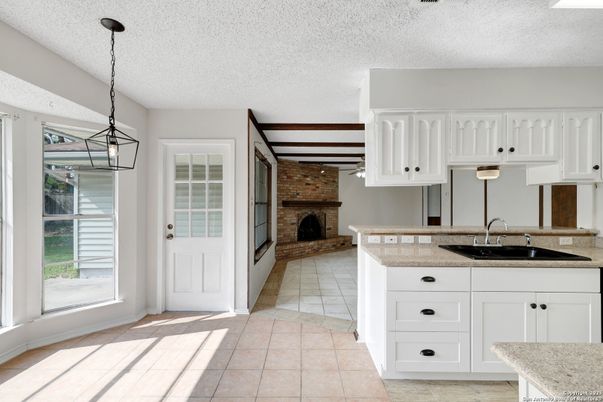 Fireplace, Interior, Kitchen, Pendant Lights, Stone Walls