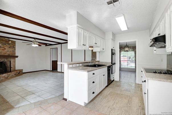 Fireplace, Interior, Kitchen, Pendant Lights, Stone Walls
