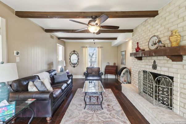 Fireplace, Interior, Living room, Stone Walls, Wooden Beams, Wood Texture Flooring