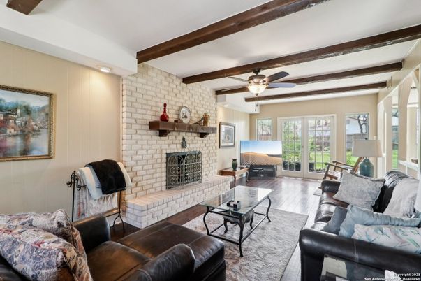 Fireplace, Interior, Living room, Stone Walls, Wooden Beams, Wood Texture Flooring