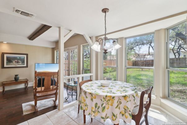 Dining room, Interior, Pendant Lights, Wooden Beams, Wood Texture Flooring