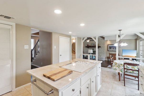 Dining room, Interior, Kitchen, Living room, Pendant Lights, Recessed Lighting, Stone Walls
