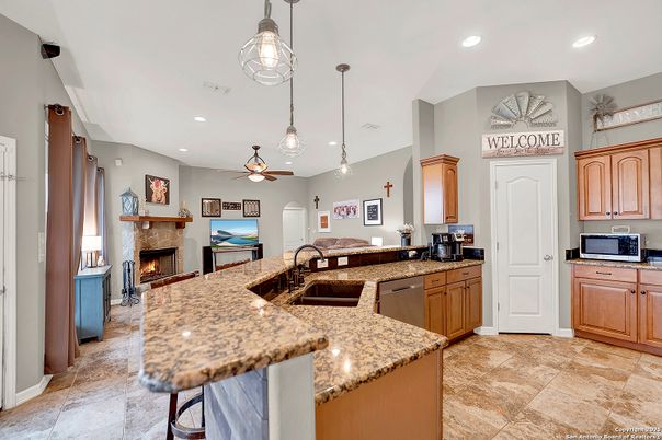 Fireplace, Interior, Kitchen, Pendant Lights, Recessed Lighting