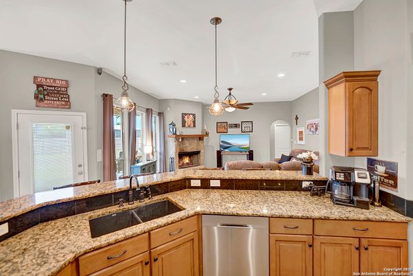 Fireplace, Interior, Kitchen, Pendant Lights, Recessed Lighting