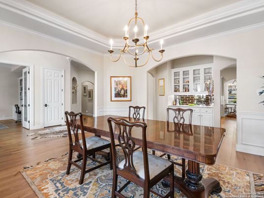 Chandelier, Dining room, Interior, Wood Texture Flooring