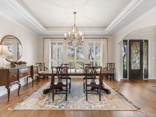 Chandelier, Dining room, Interior, Wood Texture Flooring