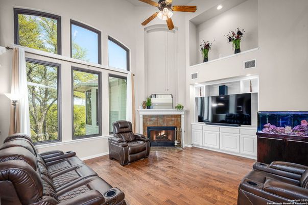Home Theatre Room, Fireplace, Interior, Living room, Recessed Lighting, Wood Texture Flooring