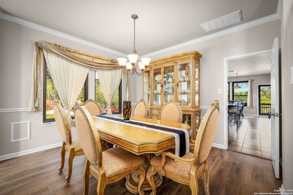 Chandelier, Dining room, Interior, Pendant Lights, Wood Texture Flooring