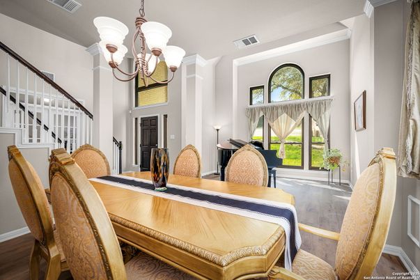 Chandelier, Dining room, Interior, Wood Texture Flooring