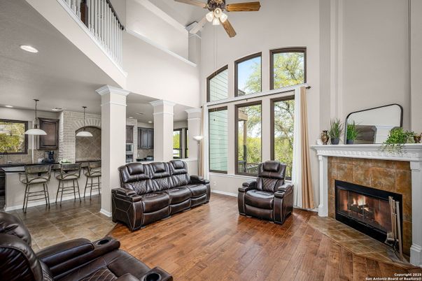 Fireplace, Interior, Kitchen, Living room, Pendant Lights, Recessed Lighting, Wood Texture Flooring