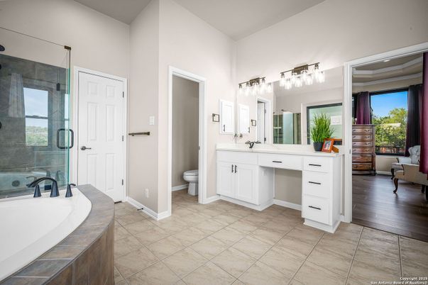 Bathroom, Dual Sink Vanities, Glass Shower, Interior, Wood Texture Flooring