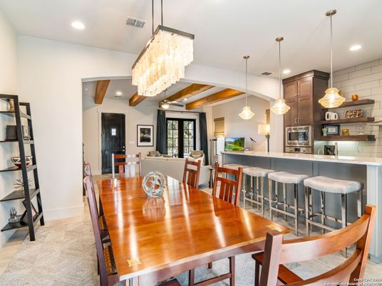 Chandelier, Dining room, Interior, Kitchen, Pendant Lights, Recessed Lighting, Wooden Beams