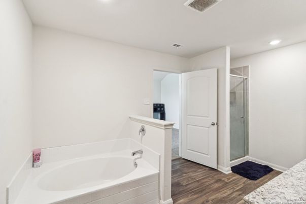 Bathroom, Glass Shower, Interior, Recessed Lighting, Wood Texture Flooring