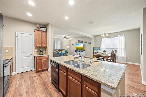 Chandelier, Dining room, Interior, Kitchen, Recessed Lighting, Wood Texture Flooring