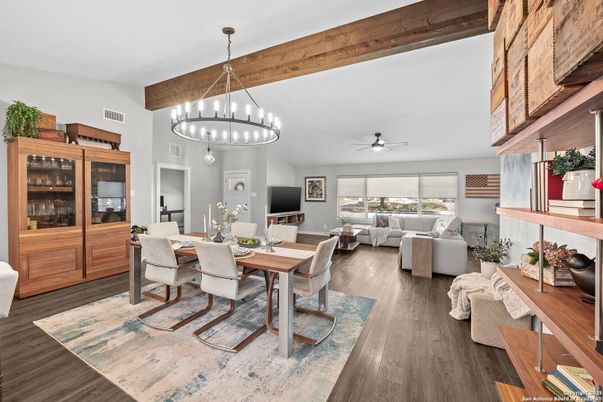 Chandelier, Dining room, Interior, Living room, Pendant Lights, Wooden Beams, Wood Texture Flooring