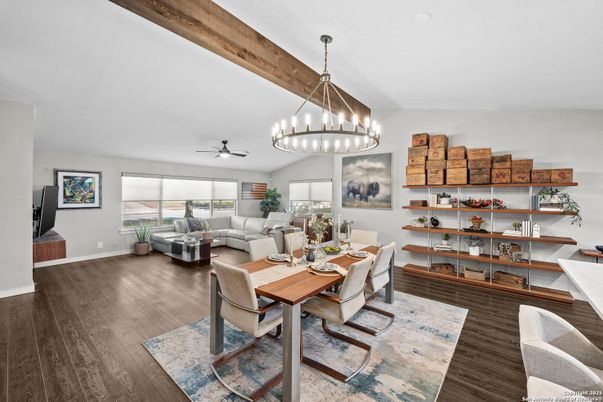 Chandelier, Dining room, Interior, Living room, Pendant Lights, Wooden Beams, Wood Texture Flooring