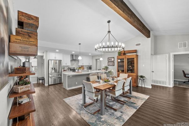 Chandelier, Dining room, Interior, Kitchen, Pendant Lights, Recessed Lighting, Stainless Steel Appliances, Wooden Beams, Wood Texture Flooring