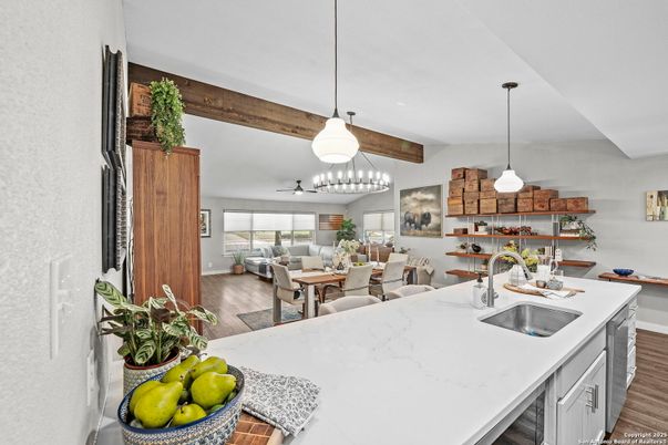Dining room, Interior, Kitchen, Living room, Pendant Lights, Wooden Beams, Wood Texture Flooring
