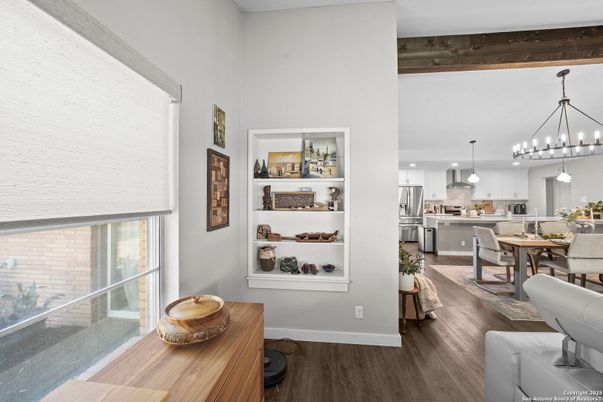 Dining room, Interior, Kitchen, Pendant Lights, Recessed Lighting, Stainless Steel Appliances, Wood Texture Flooring