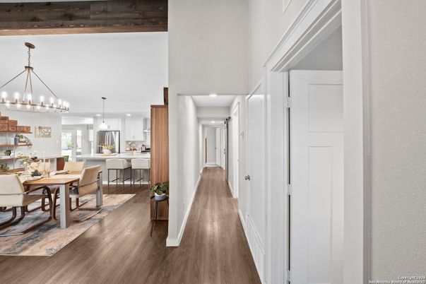 Chandelier, Dining room, Interior, Kitchen, Pendant Lights, Recessed Lighting, Wood Texture Flooring