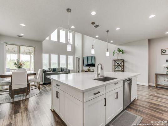Dining room, Interior, Kitchen, Pendant Lights, Recessed Lighting, Wood Texture Flooring