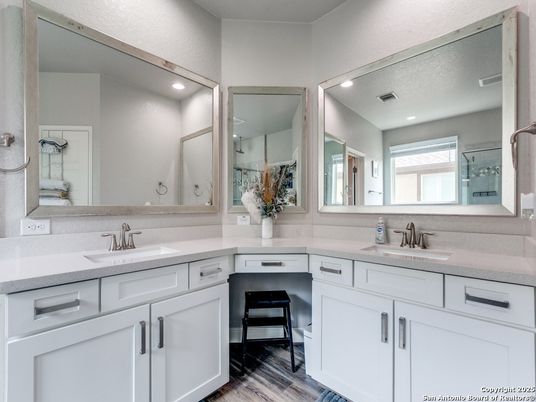 Bathroom, Dual Sink Vanities, Interior, Recessed Lighting, Wood Texture Flooring