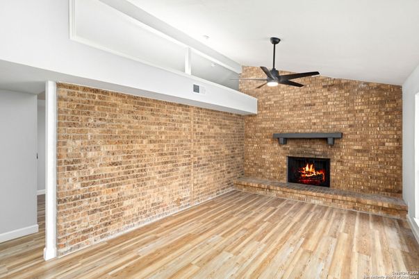 Empty room, Fireplace, Interior, Stone Walls, Wood Texture Flooring