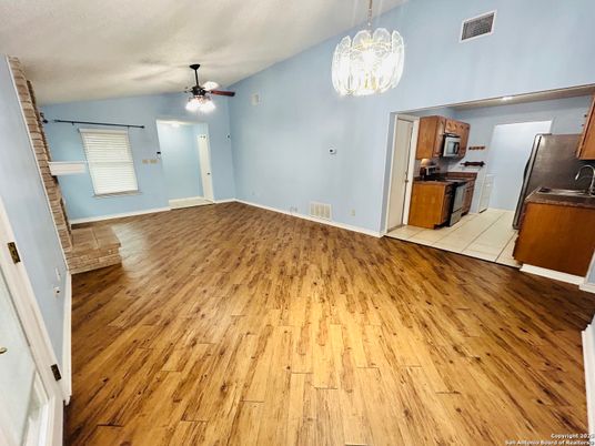 Empty room, Interior, Kitchen, Pendant Lights, Wood Texture Flooring