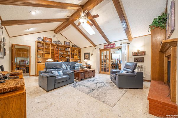 Fireplace, Interior, Living room, Recessed Lighting, Wooden Beams