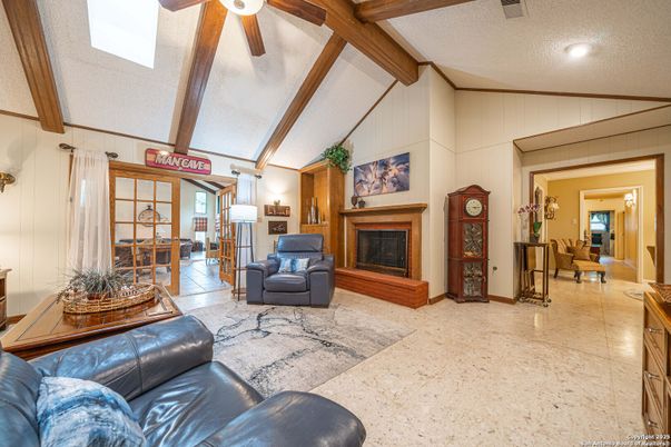 Fireplace, Interior, Living room, Recessed Lighting, Wooden Beams
