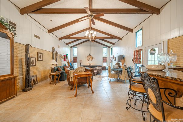 Fireplace, Interior, Living room, Recessed Lighting, Stone Walls, Wooden Beams