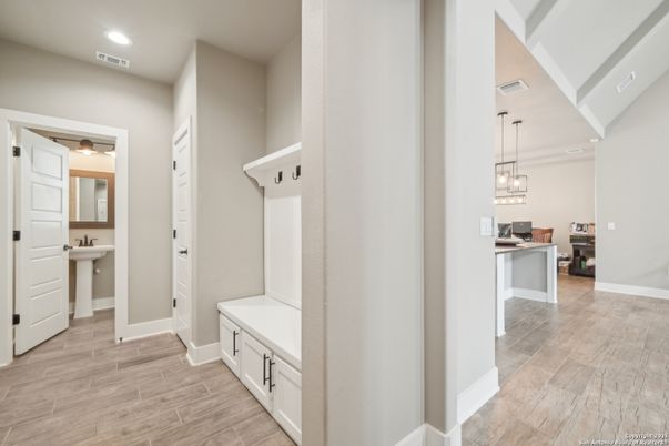 Bathroom, Interior, Pendant Lights, Recessed Lighting, Wood Texture Flooring