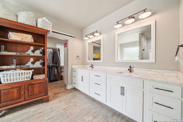 Bathroom, Dual Sink Vanities, Interior, Walk-in Closets, Wood Texture Flooring