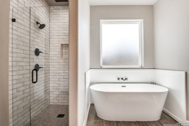 Bathroom, Free Standing Baths, Glass Shower, Interior, Wood Texture Flooring