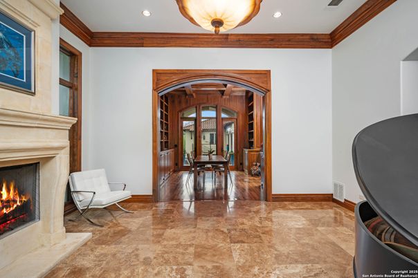 Fireplace, Interior, Recessed Lighting, Wood Texture Flooring