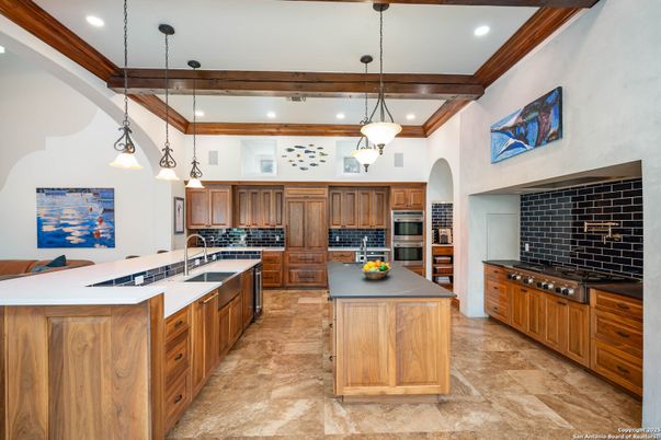 Interior, Kitchen, Pendant Lights, Recessed Lighting, Stainless Steel Appliances, Wooden Beams