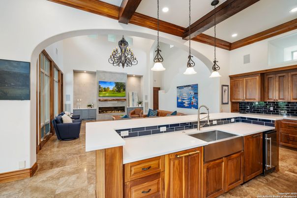 Fireplace, Interior, Kitchen, Living room, Pendant Lights, Recessed Lighting, Wooden Beams