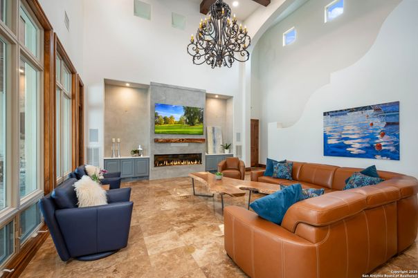Chandelier, Fireplace, Interior, Living room, Recessed Lighting, Wooden Beams