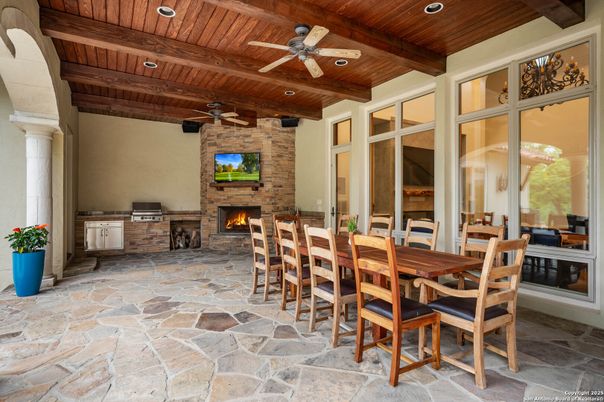 Dining room, Fireplace, Interior, Recessed Lighting, Stone Walls, Wooden Beams, Wooden Ceilings