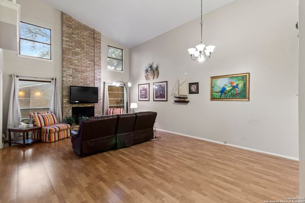Fireplace, Interior, Living room, Pendant Lights, Wood Texture Flooring
