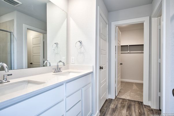 Bathroom, Dual Sink Vanities, Interior, Walk-in Closets, Wood Texture Flooring