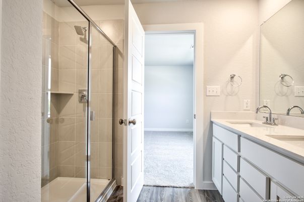 Bathroom, Dual Sink Vanities, Glass Shower, Interior, Wood Texture Flooring