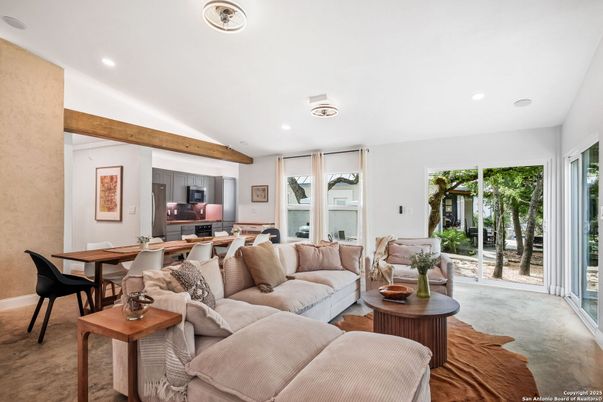 Dining room, Interior, Living room, Recessed Lighting, Wooden Beams