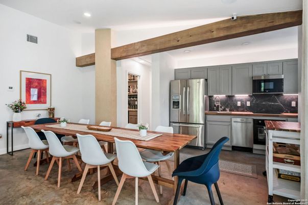 Dining room, Interior, Kitchen, Recessed Lighting, Stainless Steel Appliances, Wooden Beams