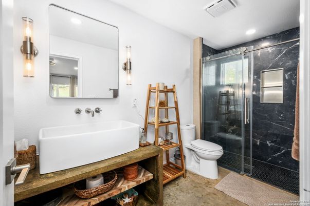 Bathroom, Free Standing Baths, Glass Shower, Interior, Marble Walls, Recessed Lighting